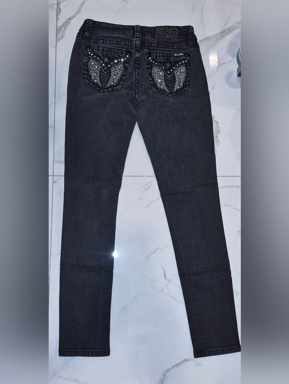 Miss Me mid rise Black Embellished Ankle wing pocket Jeans size 27 haley